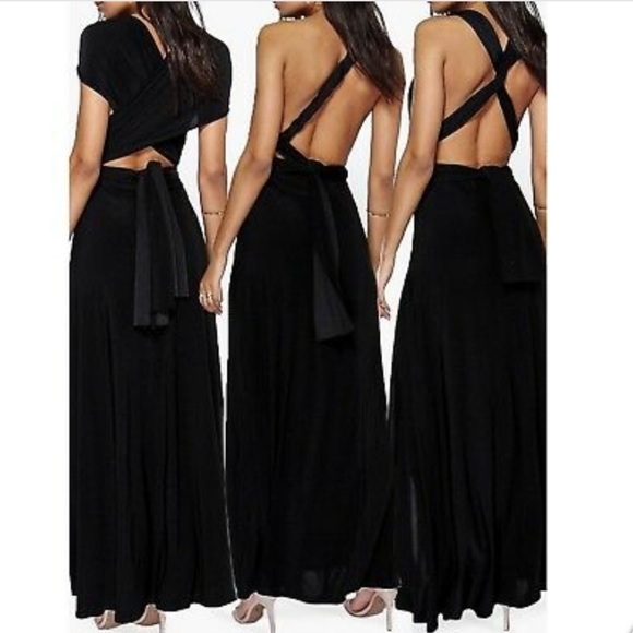 Boohoo multi-way maxi black dress stretch material side slit flying dress Greece - Picture 2 of 4